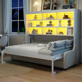 Anysun - Unique Storage Design Queen Size Murphy Cabinet Bed with LED Light and Built-in Storage Shelves, Assembly Required - Beige