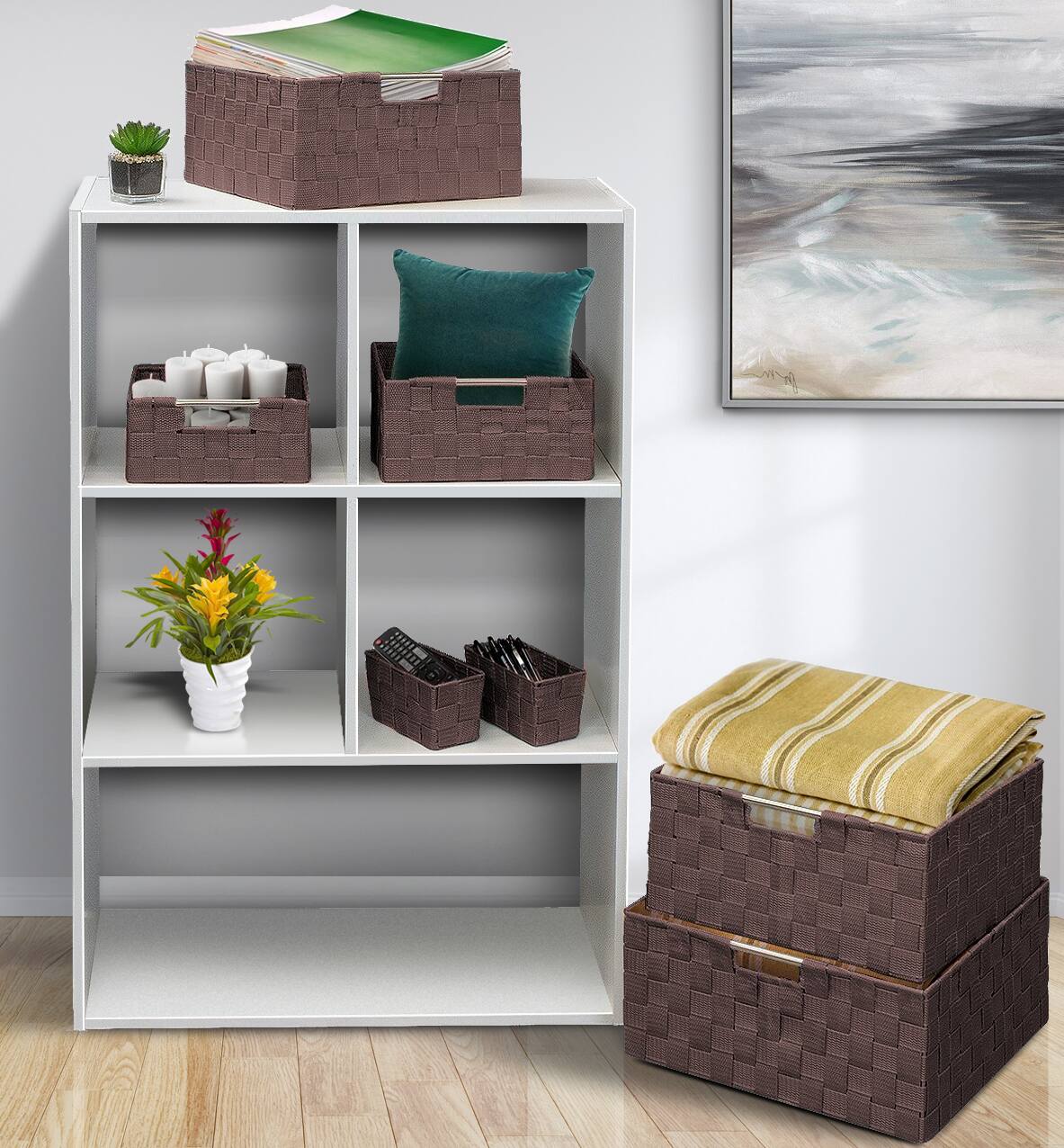 Angle. Sorbus - Sorbus 7 Piece Storage Baskets for Organizing , Mesh, Linen, Organizer Storage Baskets for Home or Office - Brown.