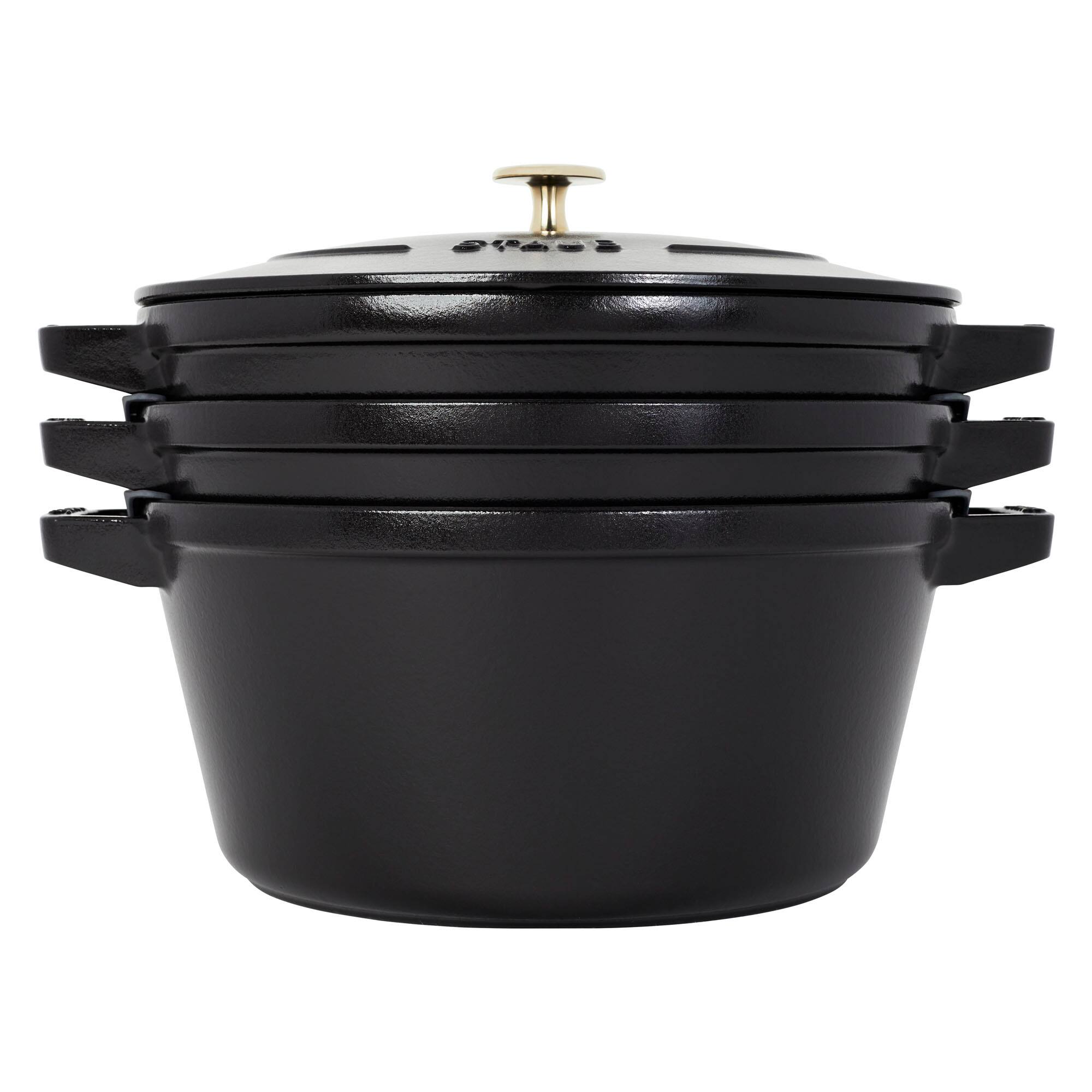 Alt View 7. Staub - STAUB Cast Iron Set 4-pc, Stackable Space-Saving Cookware Set, Dutch Oven with Universal Lid, Made in France, Matte Blac - Black.