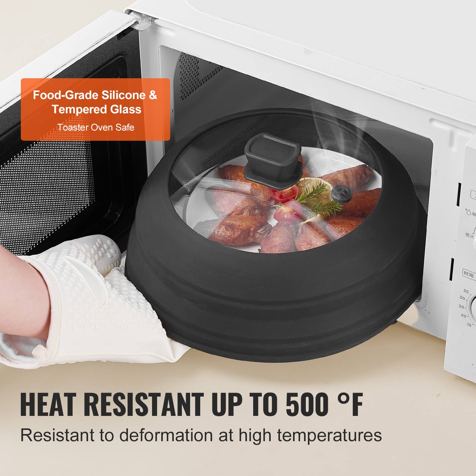 Food-Grade Silicone & Tempered Glass  
Toaster Oven Safe  

HEAT RESISTANT UP TO 500 °F  
Resistant to deformation at high temperatures