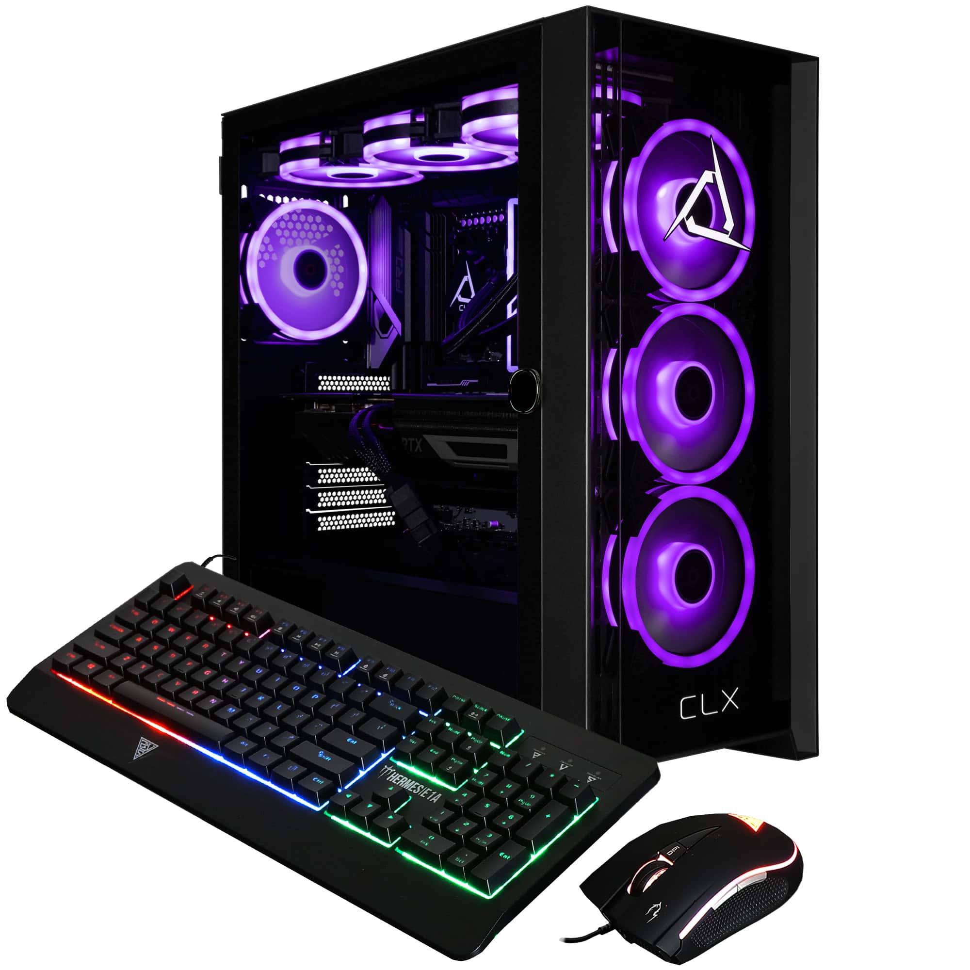 The image features a black computer tower with purple accents, including a purple keyboard and mouse. The tower is accompanied by a keyboard and mouse, which are placed next to the tower. The computer setup appears to be a gaming or high-performance system, with the purple accents adding a unique touch to the overall design.