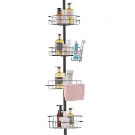 VEVOR - Shower Corner Caddy Tension Pole, 56" to 114" High, Multi-Functional Shower Tension Pole with Strong Load-Bearing Tray - Black