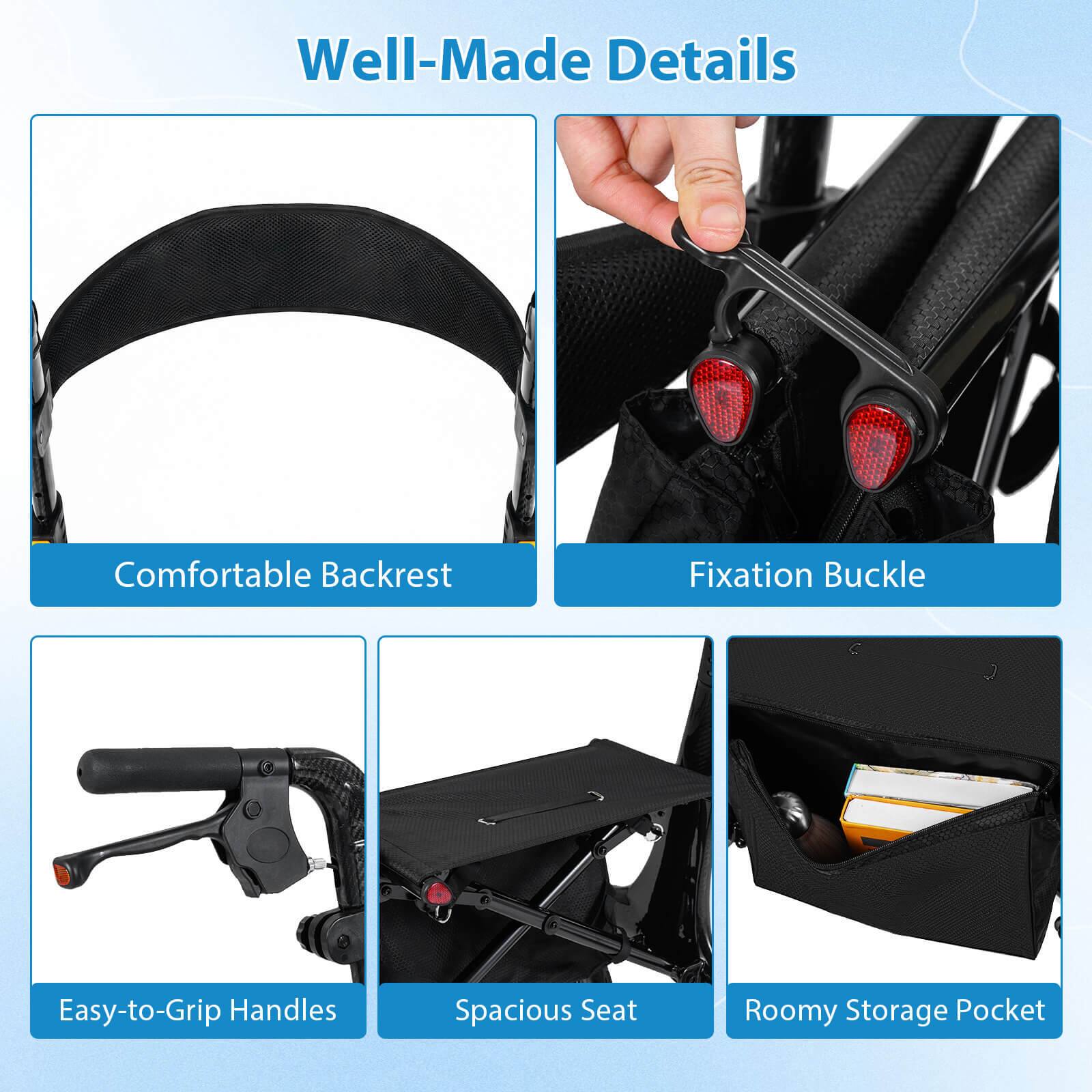 Well-Made Details  
Comfortable Backrest  
Fixation Buckle  
Easy-to-Grip Handles  
Spacious Seat  
Roomy Storage Pocket