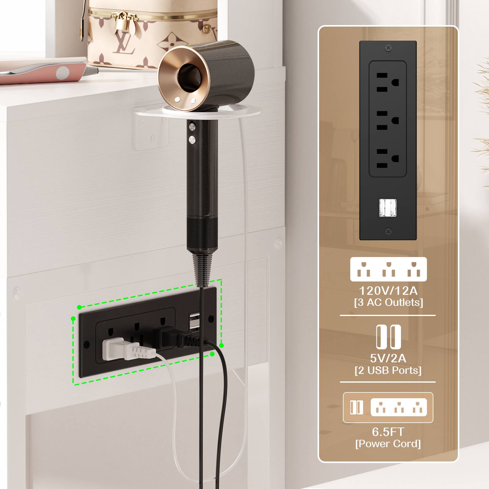 L x L.  
1 120V/12A [3 AC Outlets]  
00 5V/2A [2 USB Ports]  
11 6.5FT [Power Cord]