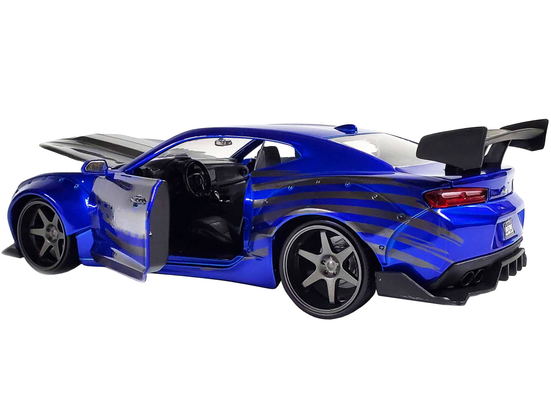 Back. Jada - 2016 Chevrolet Camaro Widebody Candy Blue Gray Metallic Hood with American Flag "Bigtime Muscle" 1/24 Diecast by Jada - Blue Gray Metallic.