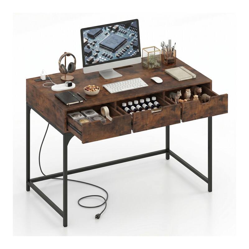 Alt View 4. WELLFOR - 43.5" Computer Desk with Power Outlets & Drawers，Study & Writing Desk with Metal Frame for Home Office - Rustic Brown.