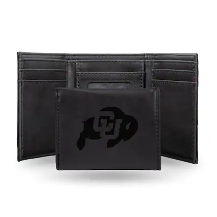 Front. Rico Industries - Colorado Buffaloes Laser Engraved Black Trifold Wallet - Multi.