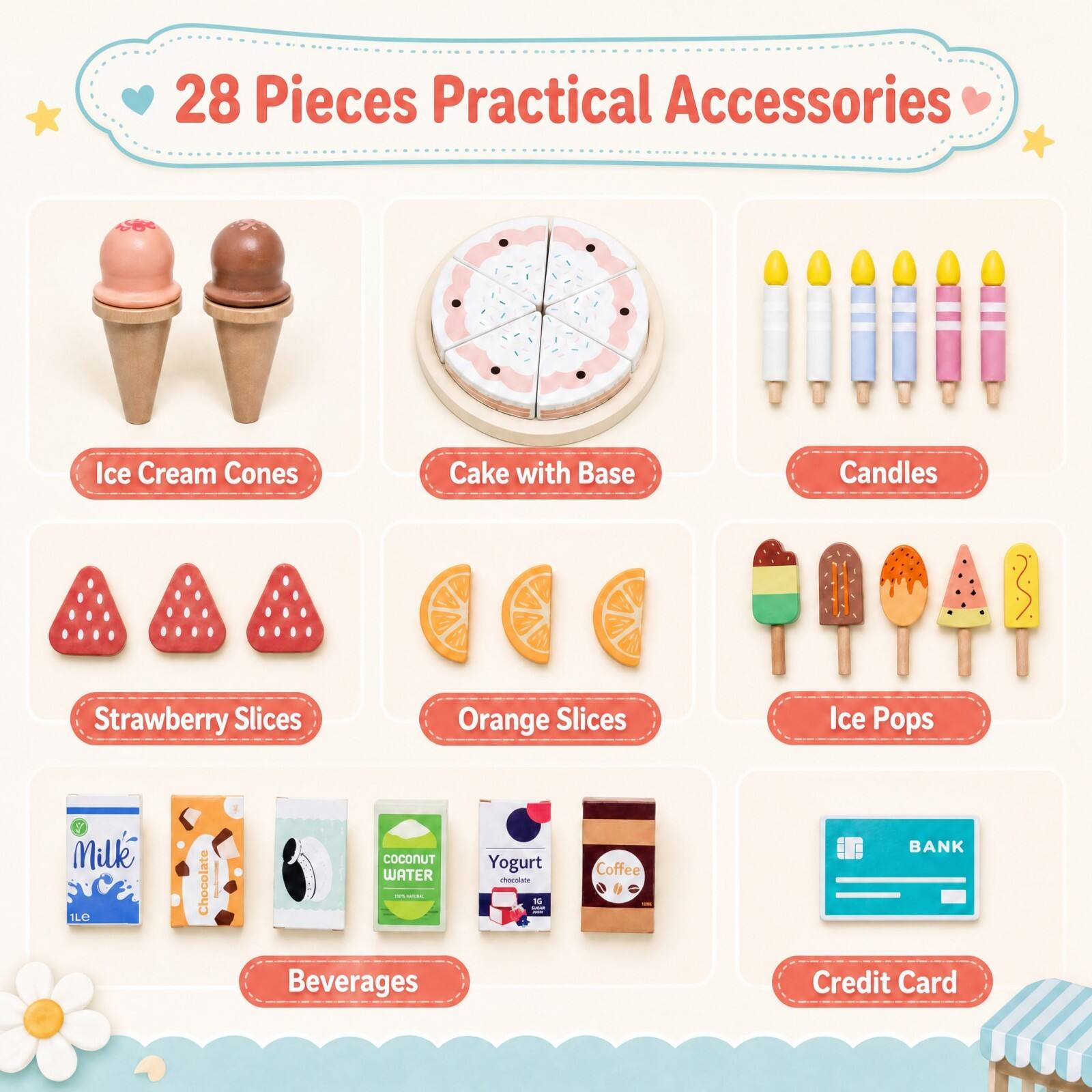 28 Pieces Practical Accessories

- Ice Cream Cones
- Cake with Base
- Candles
- Strawberry Slices
- Orange Slices
- Ice Pops
- Milk 1L
- Chocolate
- COCONUT WATER Beverages
- Yogurt chocolate 16
- Coffee
- BANK Credit Card