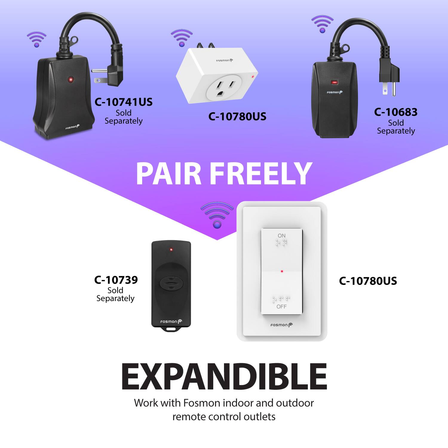 C-10741US Sold Separately  
C-10780US - C-10683 Sold Separately  
PAIR FREELY ON C-10739 Sold Separately  
OFF C-10780US  

EXPANDIBLE  
Work with Fosmon indoor and outdoor remote control outlets