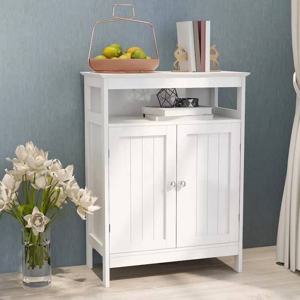 Left. Hivvago - 2-Door Bathroom Linen Cabinet with Storage Shelf in White Wood Finish - White.
