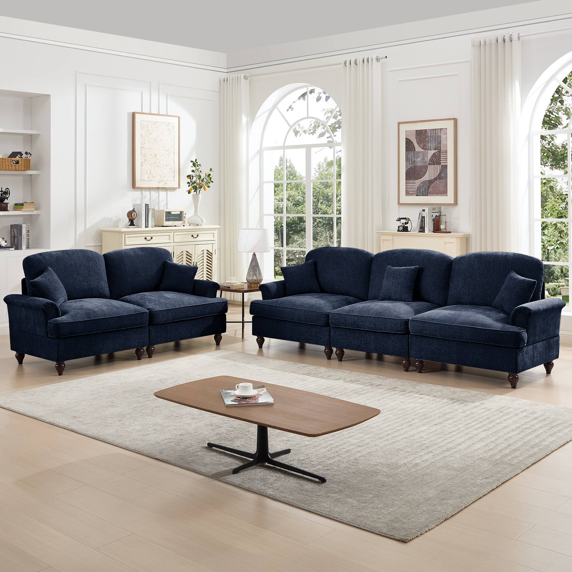 Angle. Anysun - Classic 2-Piece Chenille Sofa Set (3+2 Seat Sofa) - Flared Arms, Ruffled Skirt & Spindle Legs for Living Room - Blue.