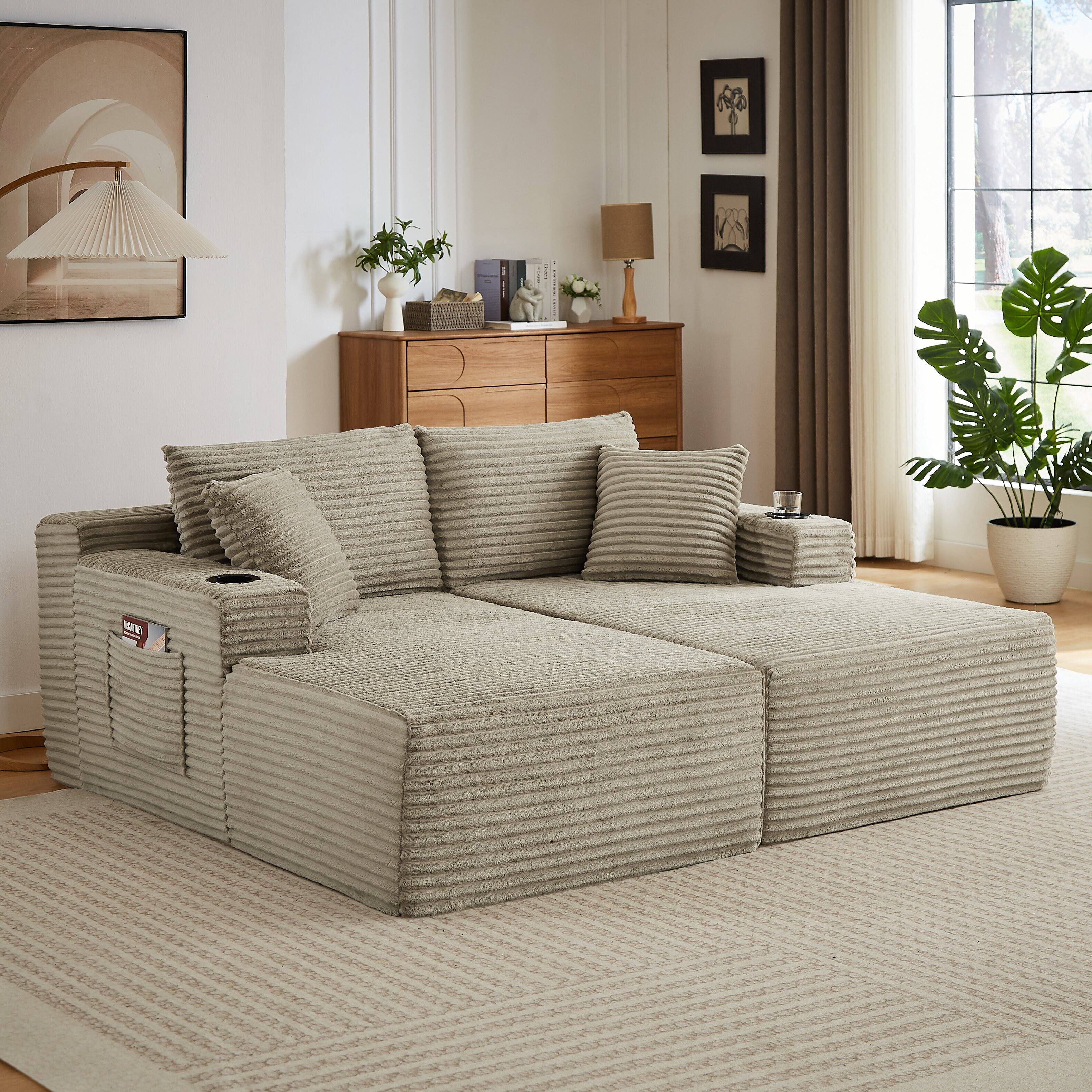 Alt View 1. Aukfa - U-Shaped Sectional Sofa Set - Minimalist Modular Design, Corduroy Cloud Couch for Living Room - Camel.