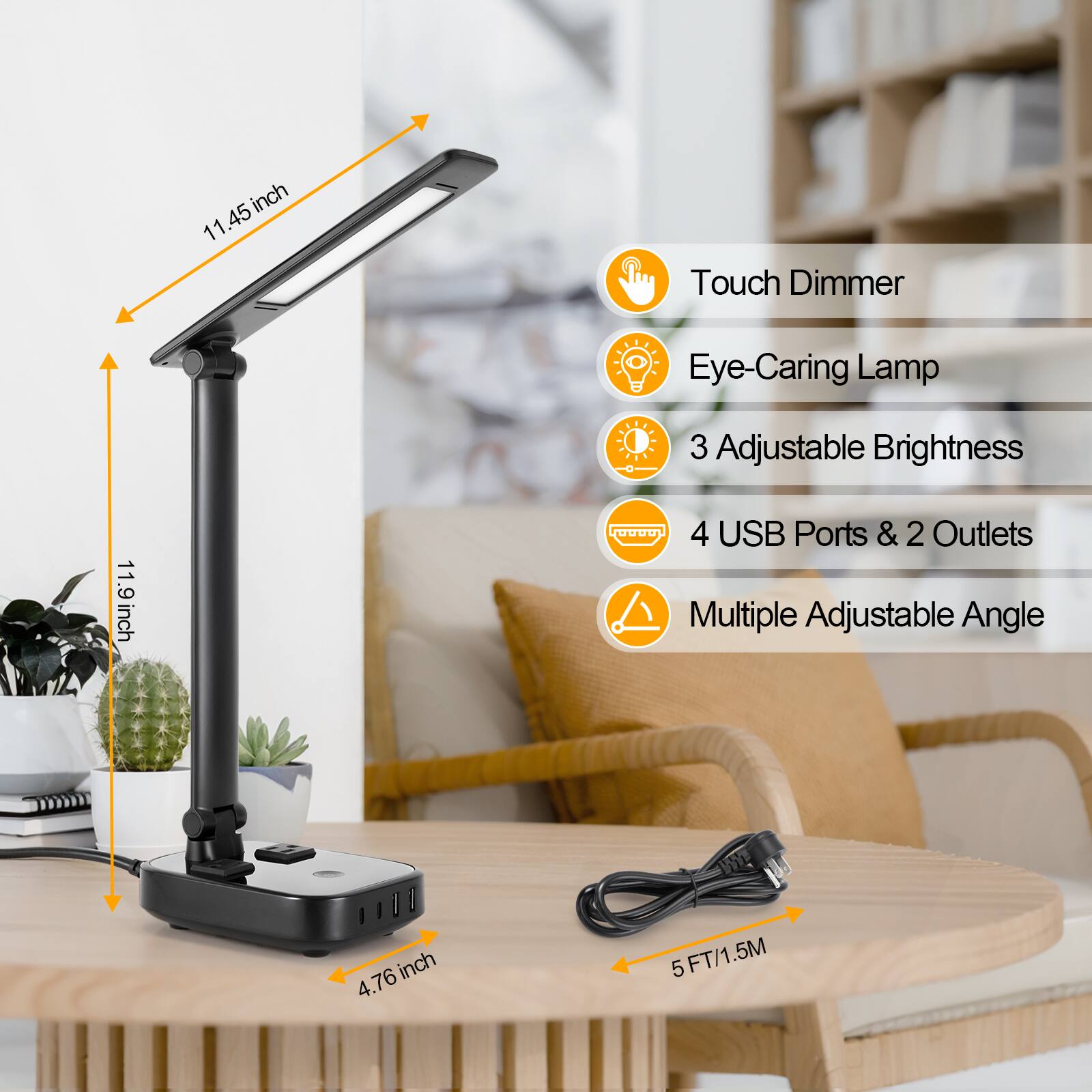 11.45 inch, 4.76 inch, 5FT/1.5M, Touch Dimmer, Eye-Caring Lamp, 3 Adjustable Brightness, 4 USB Ports & 2 Outlets, Multiple Adjustable Angle