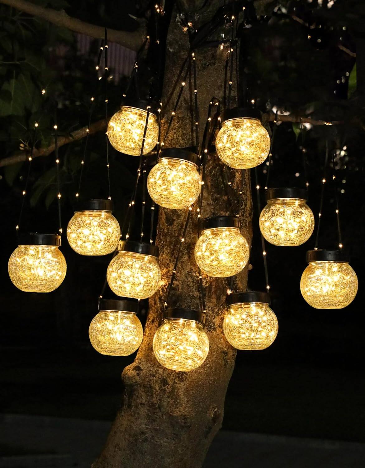 Front. MOSZAR LLC - Twelve-piece waterproof solar-powered hanging lanterns with cracked glass - Warm White.