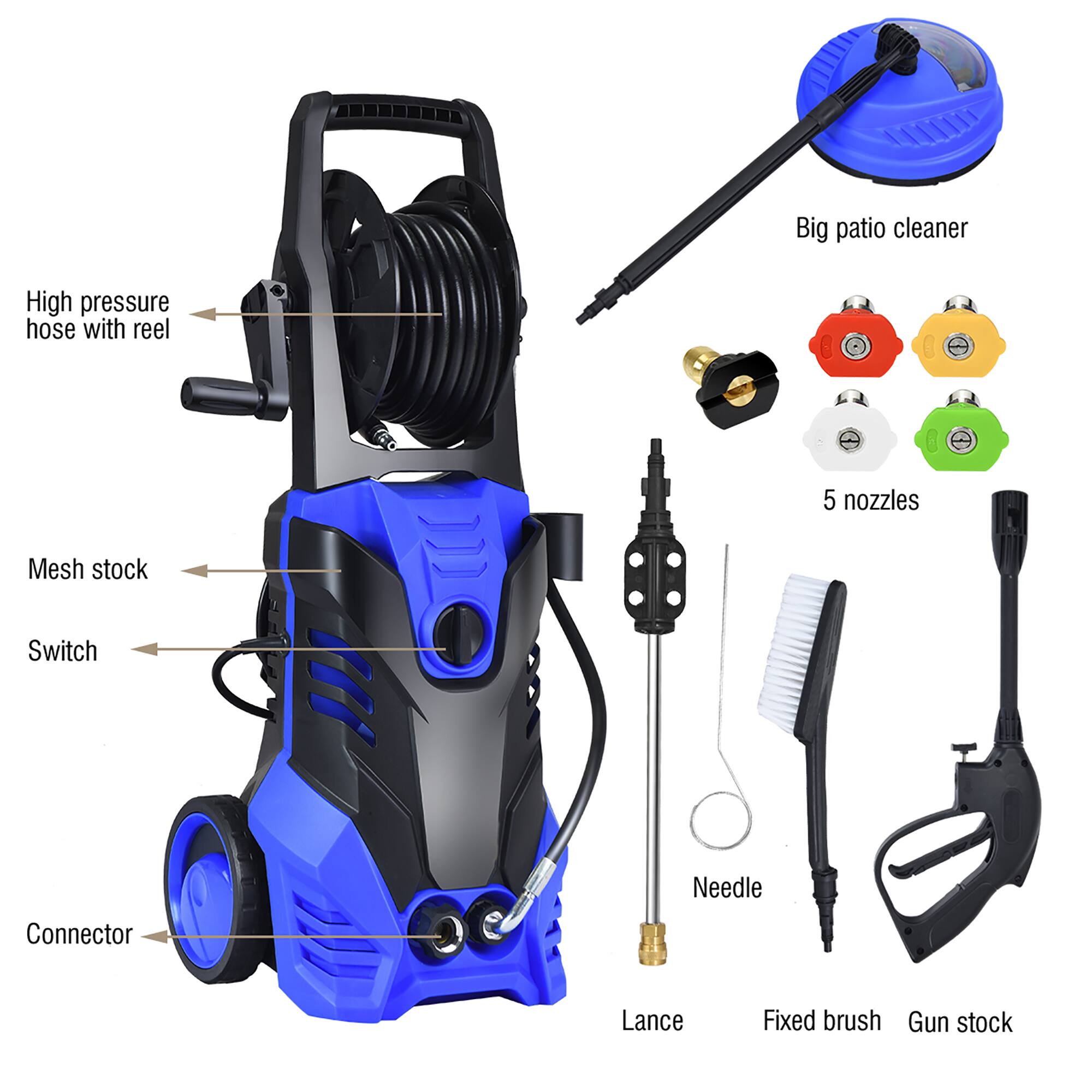 - High pressure hose with reel
- Mesh stock
- Switch
- Connector
- Lance
- Needle
- Fixed brush
- Gun stock
- Big patio cleaner
- 5 nozzles