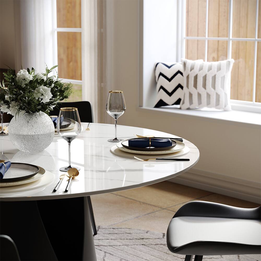 Alt View 6. POVISON - 51" Modern Round White Dining Table for 4, Glossy Sintered Stone Tabletop, Solid Black Carbon Steel Base - Glossy White Sintered Stone & Black Steel Base.
