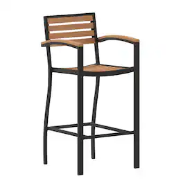 Emma + Oliver - Livia All-Weather Bar Height Dining Stool with Armrests, Polyresin Slats and Aluminum Frame - Teak