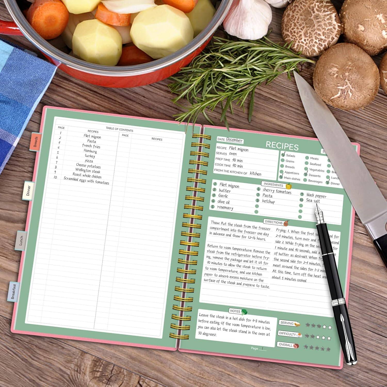 **Table of Contents**

- Breads
- Dinner
- PACE
- SABLE RECIPES
- CONTENTS
- Filet mignon
- Pasta
- French fries
- Hamburg
- Pizza
- Cheese potatoes
- Widington steak
- Roast whole chicken
- Scrambled eggs with tomatoes

**Recipes**

- DATE: December
- RECIPE: Filet mignon
- SERVES: Oven
- PREP TIME: 30 min
- COOK TIME: 30 min
- FROM THE KITCHEN of kitchen

**Ingredients**

- Filet mignon
- Butter
- Cherry tomatoes
- Garlic
- Olive oil
- Rosemary

**Directions**

1. Thaw: Put the steak from the compartment into the freezer in advance for 12-15 hours.
2. Fry: When the first side is done, turn over and fry for 2-3 minutes. Add the butter and garlic to the skillet. Fry for 2 minutes.
3. Return to room temperature: Remove the steak from the refrigerator and let it sit at room temperature for 10 minutes to allow the steak to return to room temperature and use paper to absorb excess moisture on