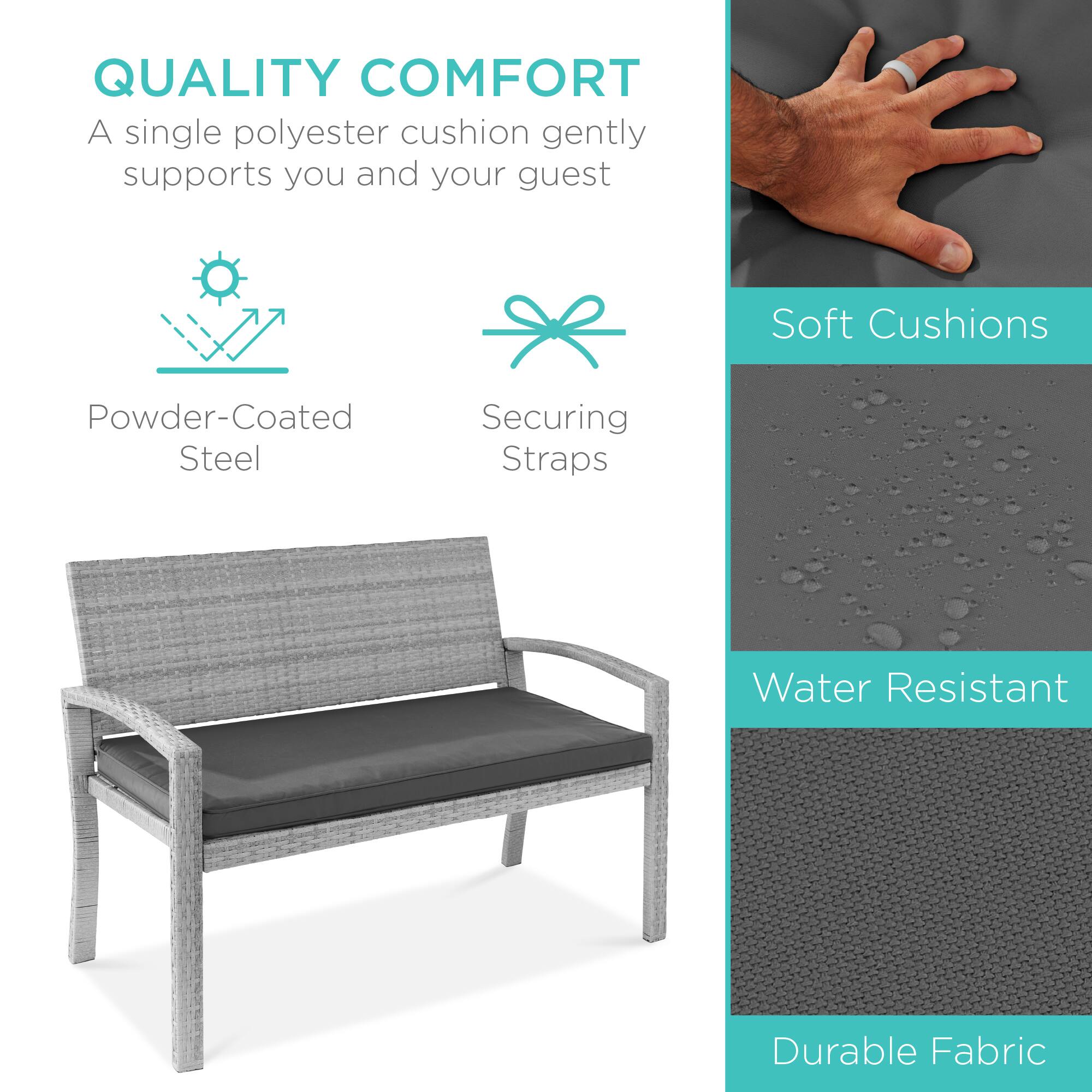 QUALITY COMFORT  
A single polyester cushion gently supports you and your guest  

Powder-Coated Steel  
Securing Straps  

Soft Cushions  
Water Resistant  
Durable Fabric