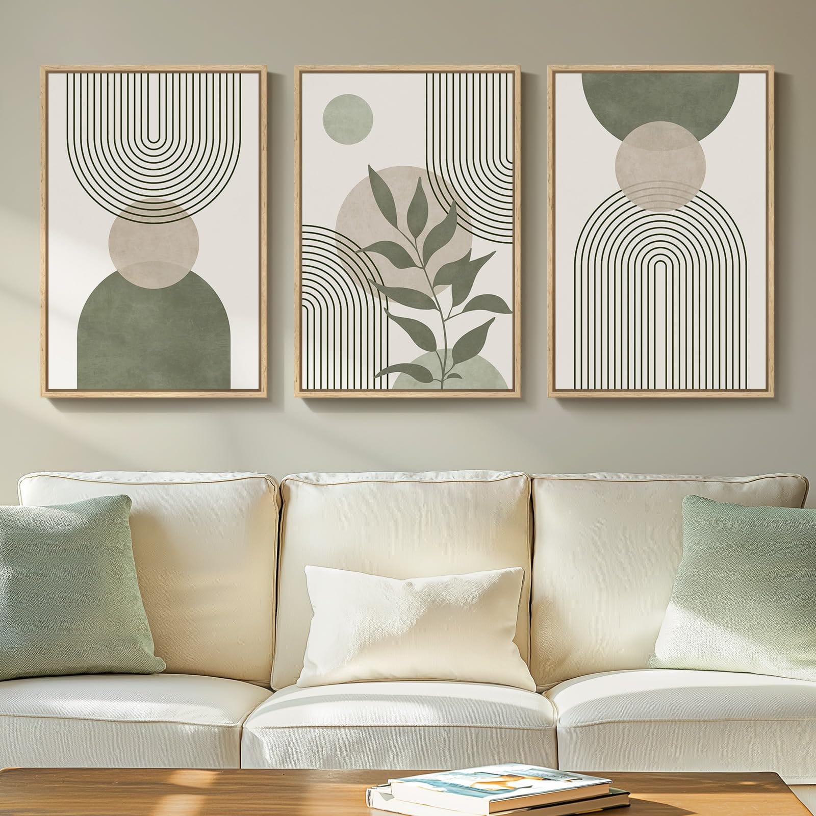 Fabibe - Framed Neutral Abstract Wall Art for Living Room, 2 Piece Tan and Cream Beige Canvas Prints Paintings Artwork for Walls - Green Beige Boho-Wood Framed 16" W x 24" H x 3Pcs