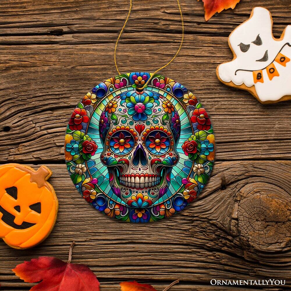 Back. OrnamentallyYou - Sugar Skull Stained Glass Themed Ceramic Ornament Day of the Dead Mexican Christmas Gift - Multi-colored.