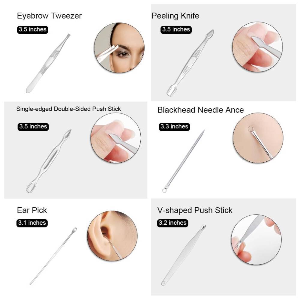 Eyebrow Tweezer  
3.5 inches  

Peeling Knife  
3.5 inches  

Single-edged Double-Sided Push Stick  
3.5 inches  

Blackhead Needle Ance  
3.3 inches  

Ear Pick  
3.1 inches  

V-shaped Push Stick  
3.2 inches