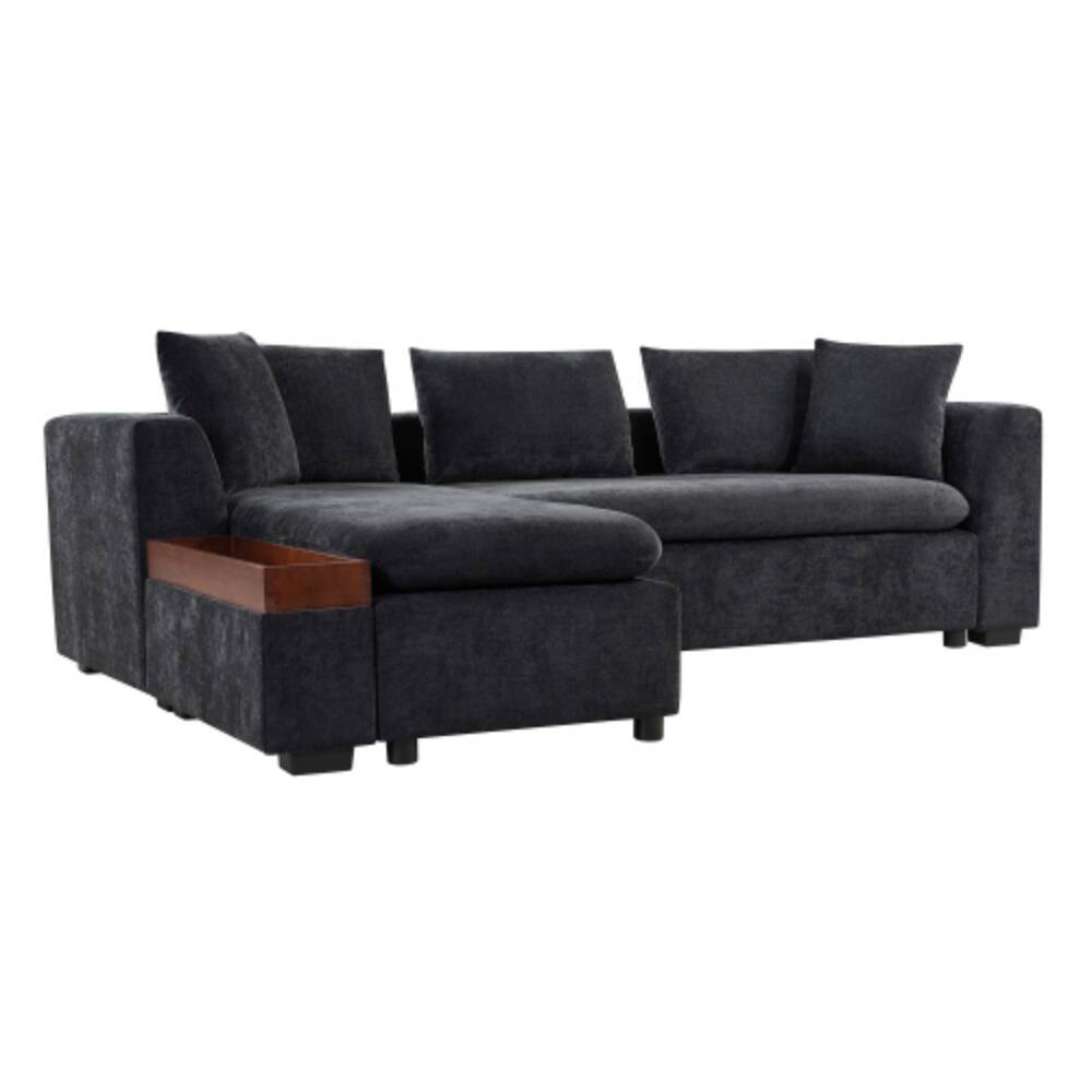Alt View 7. LUCKY ONE - 93.7" L-Shaped Chenille Sectional Sofa w/ Wooden Storage Compartment & Pillows - Black.