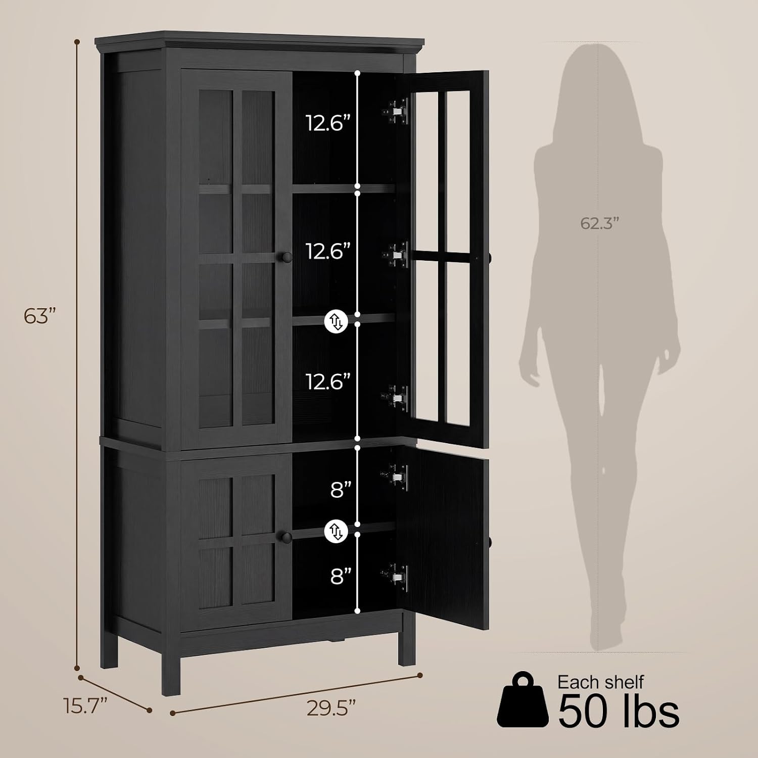 12.6" 12.6" 62.3" 63" 12.6" 8" 8" 15.7" 29.5" Each shelf 50 lbs