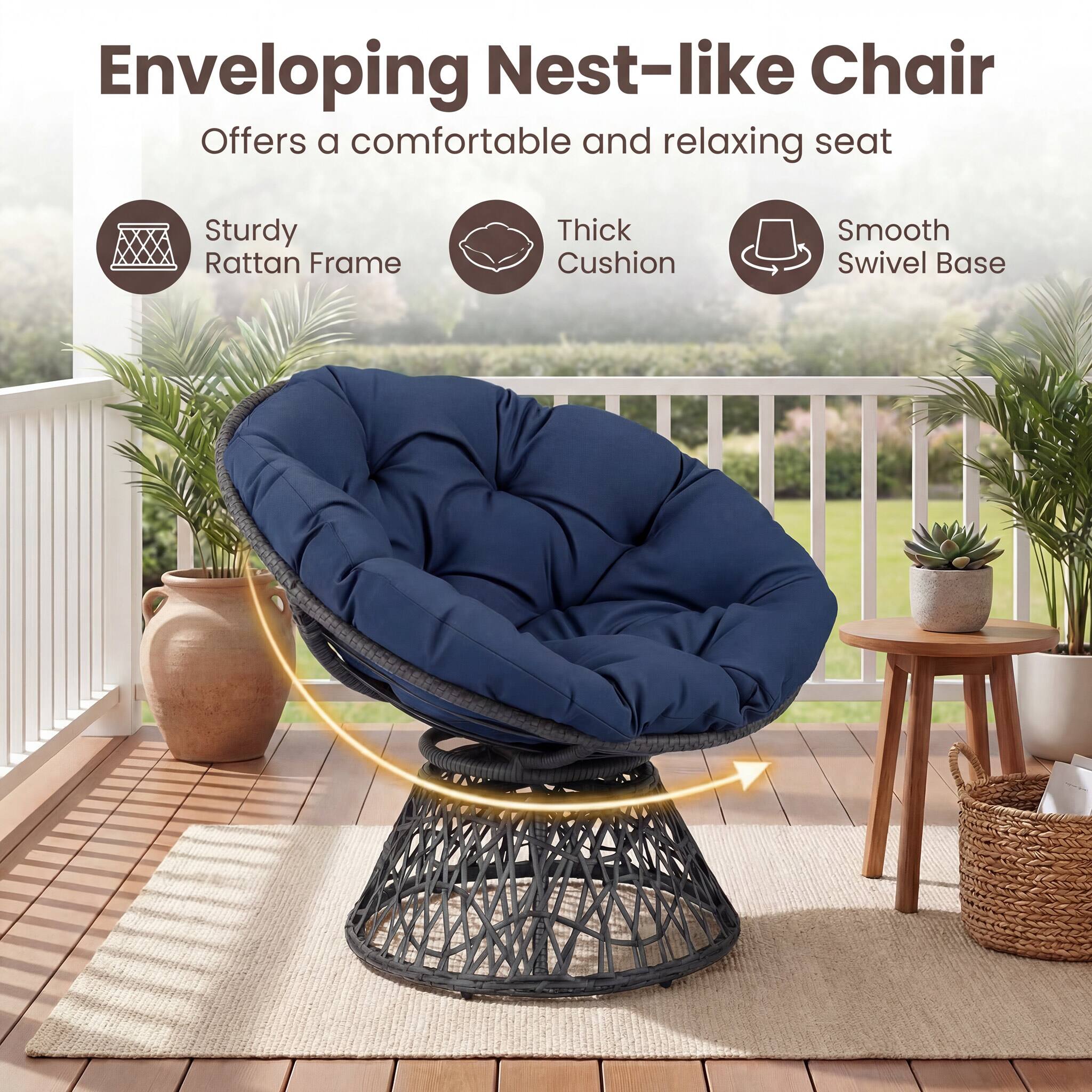Enveloping Nest-like Chair  
Offers a comfortable and relaxing seat  
- Sturdy Rattan Frame  
- Thick Cushion  
- Smooth Swivel Base