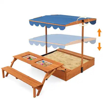 Front. Resenkos - Kids Wooden Sand Box with Foldable Picnic Sensory Table & Bench - Multifunctional Outdoor Play Station - Natural.