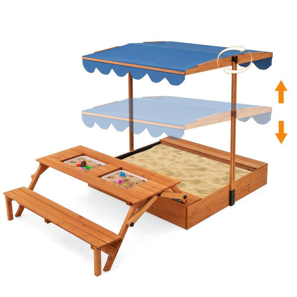Front. Resenkos - Kids Wooden Sand Box with Foldable Picnic Sensory Table & Bench - Multifunctional Outdoor Play Station - Natural.