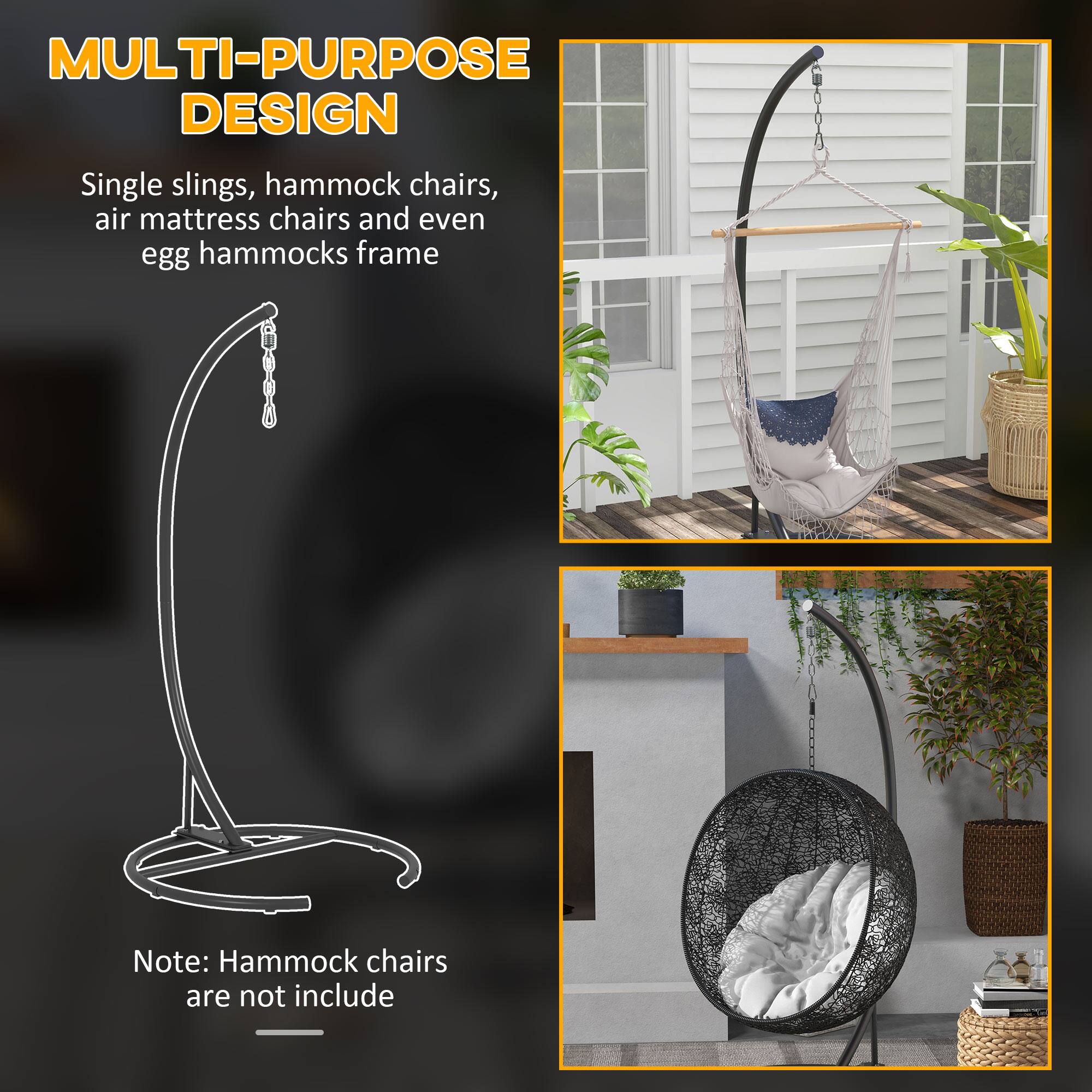 MULTI-PURPOSE DESIGN

Single slings, air mattress chairs and even egg hammocks frame

Note: Hammock chairs are not include