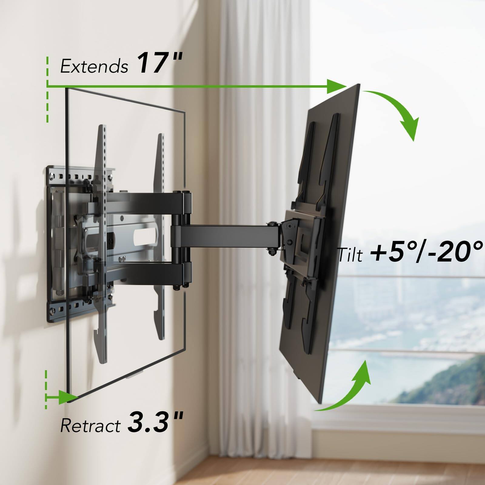 Extends 17"  
Tilt +5°/-20°  
Retract 3.3"