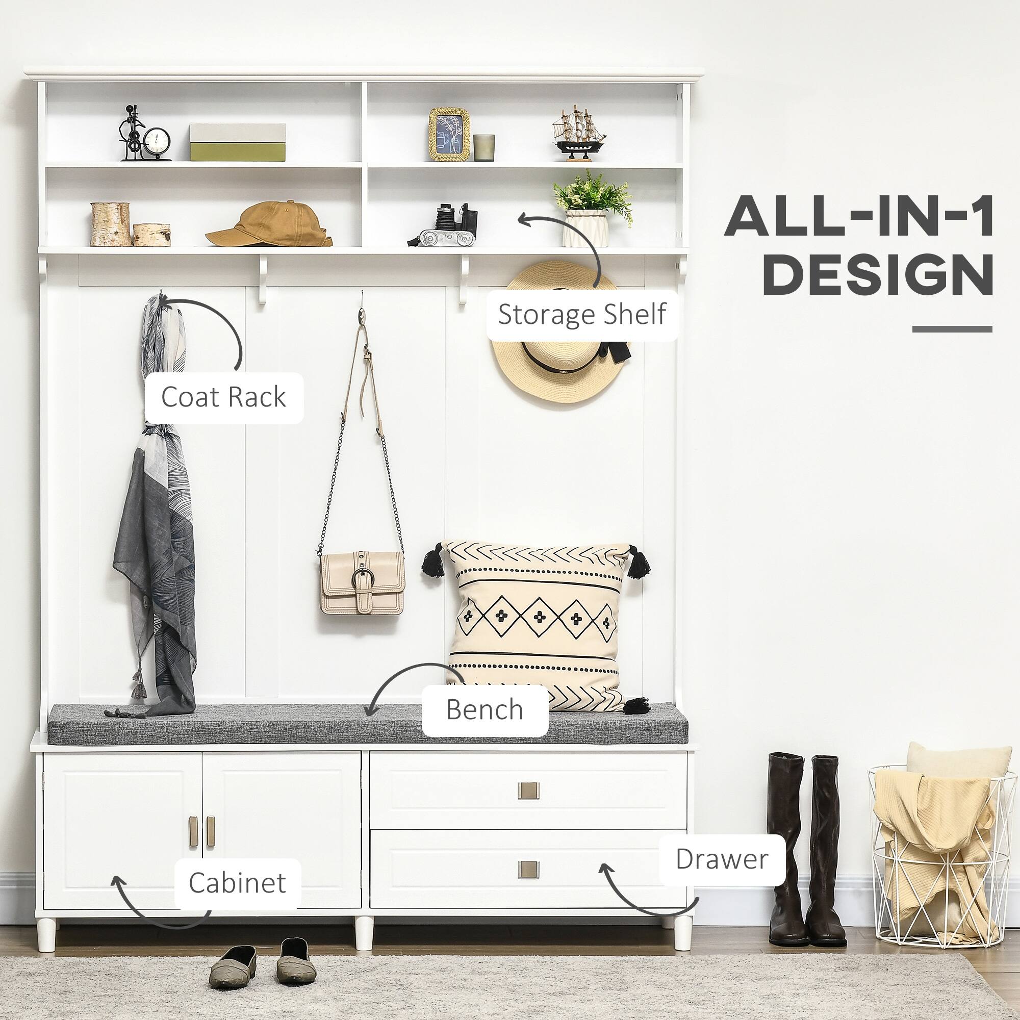 ALL-IN-1 DESIGN Storage Shelf - Coat Rack Bench Cabinet Drawer