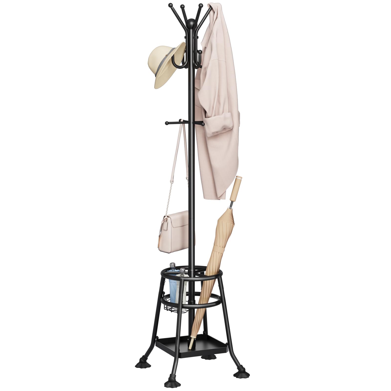 Hirose Alice - Heavy Duty Freestanding Coat Rack With 12 Hooks & Umbrella Holder - Metal Clothes Hat Sturdy Standing Hall - Black