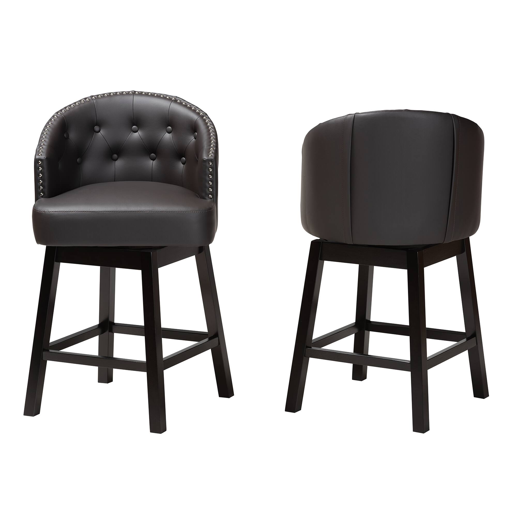 Angle. Baxton Studio - Theron Mid-Century Transitional Faux Leather and Espresso Finished Wood 2-Piece Swivel Counter Stool Set - Dark Brown/Espresso Brown.