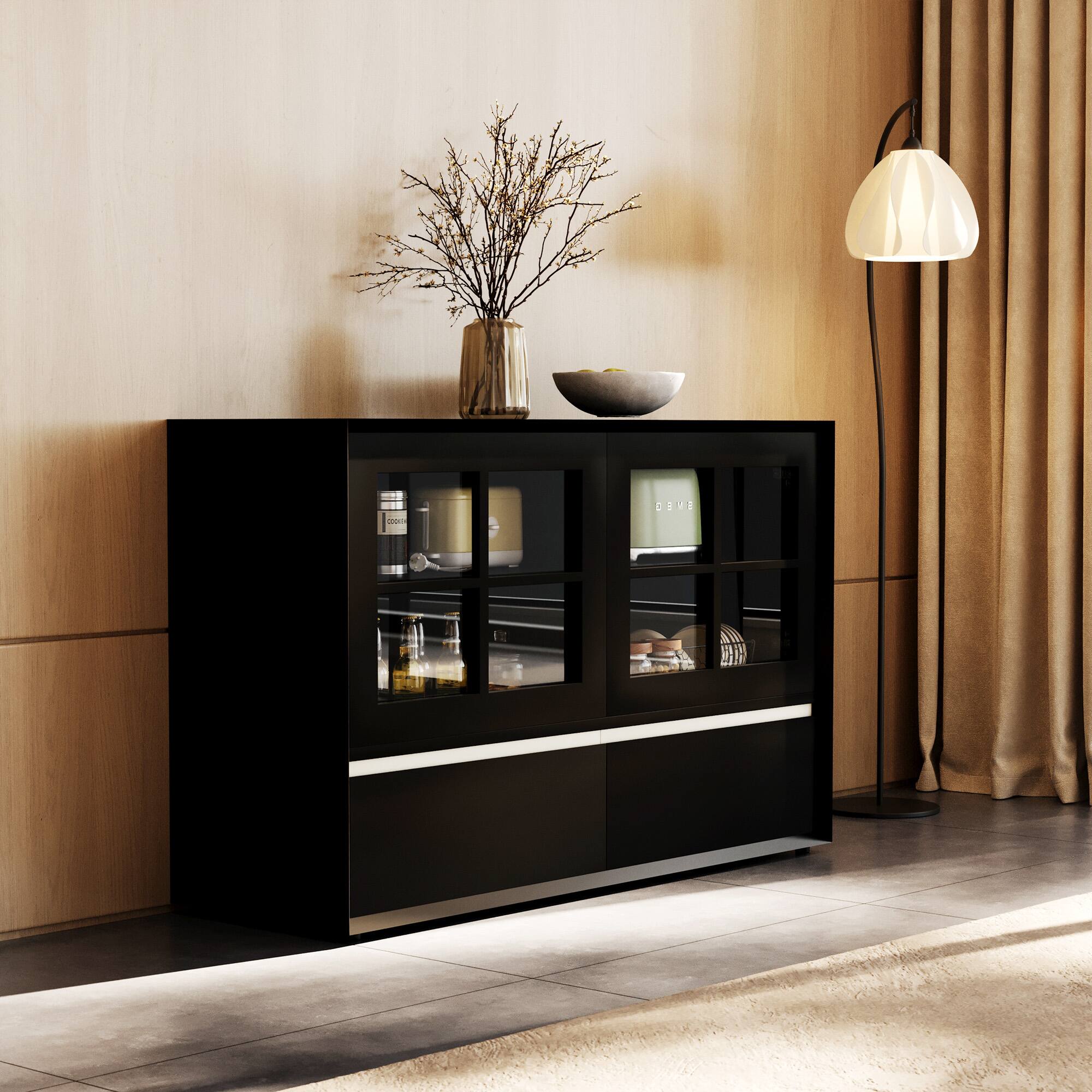 Alt View 1. luck idea - Modern 47.04" Storage Cabinet with Push-to-Open Acrylic Doors, Solid Wood Plywood Frame, Adjustable Shelves & 2 Drawers - Black.