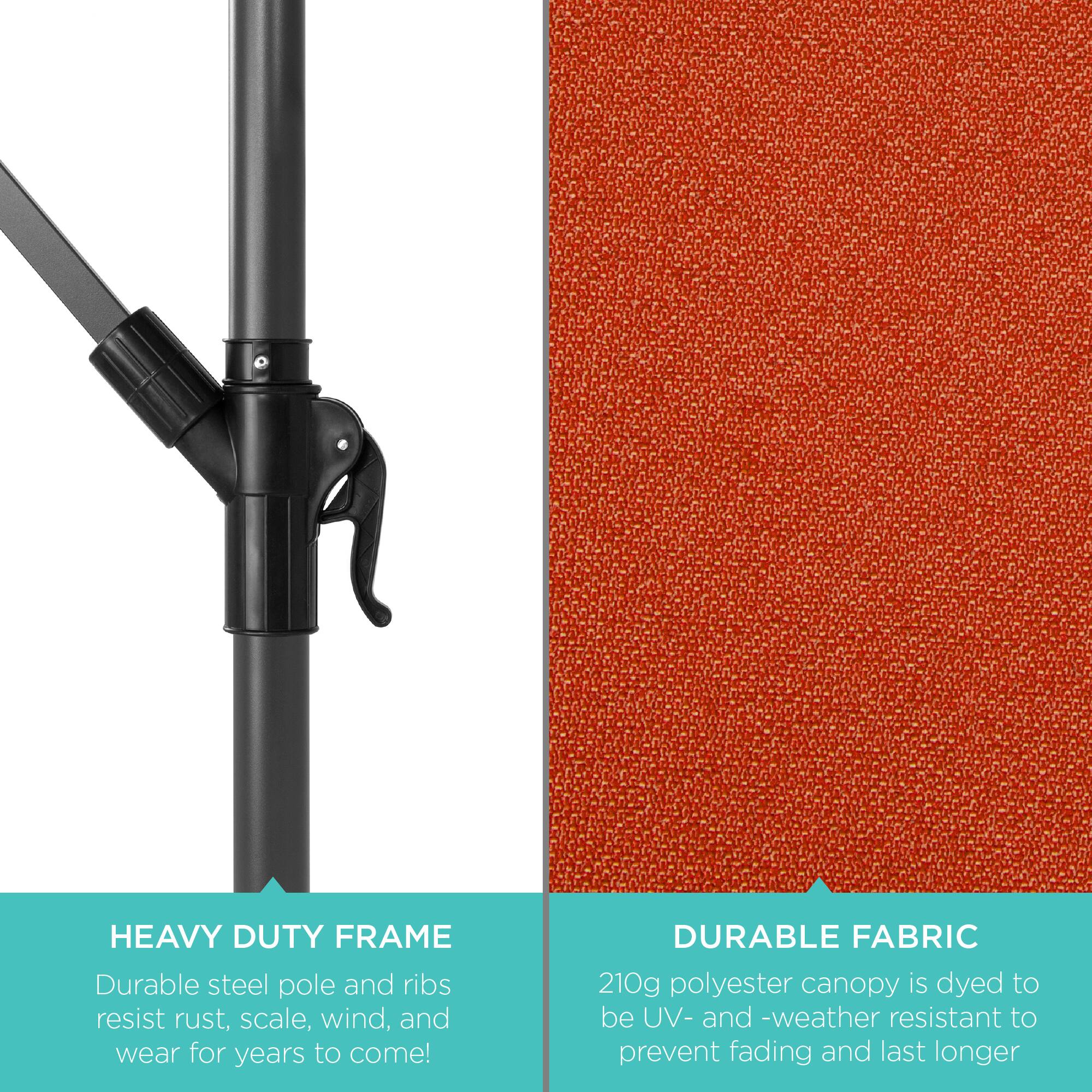 HEAVY DUTY FRAME  
Durable steel pole and ribs resist rust, scale, wind, and wear for years to come!

DURABLE FABRIC  
210g polyester canopy is dyed to be UV- and weather resistant to prevent fading and last longer