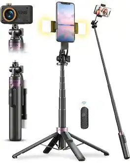 Schertz - 53" Selfie Stick Tripod with Light – 4-Leg Phone Stand, Wireless Remote & Dual Fill Lights for iPhone & Android