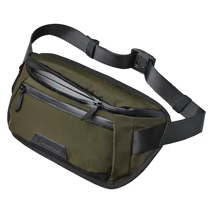 Front. ALPAKA - Sling Bag Bag for Men, Fits iPad Mini & Switch OLED, Hidden Rear Pocket, Magnetic Buckle, YKK AquaGuard Zippers - Army Green Axoflux 300D.