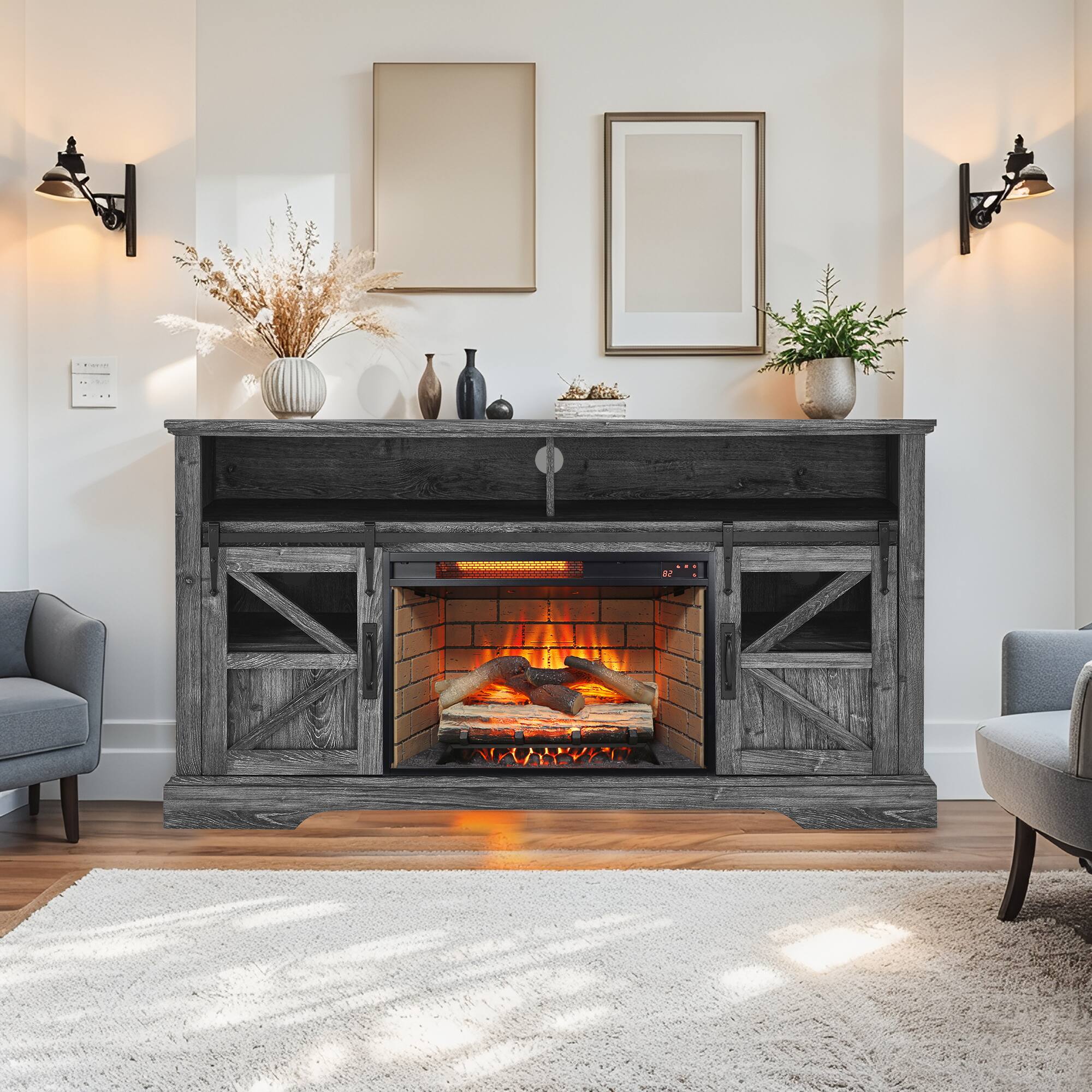 Left. Mondawe - 55" TV Media Stand with Electric Fireplace KD Inserts Heater - Gray.