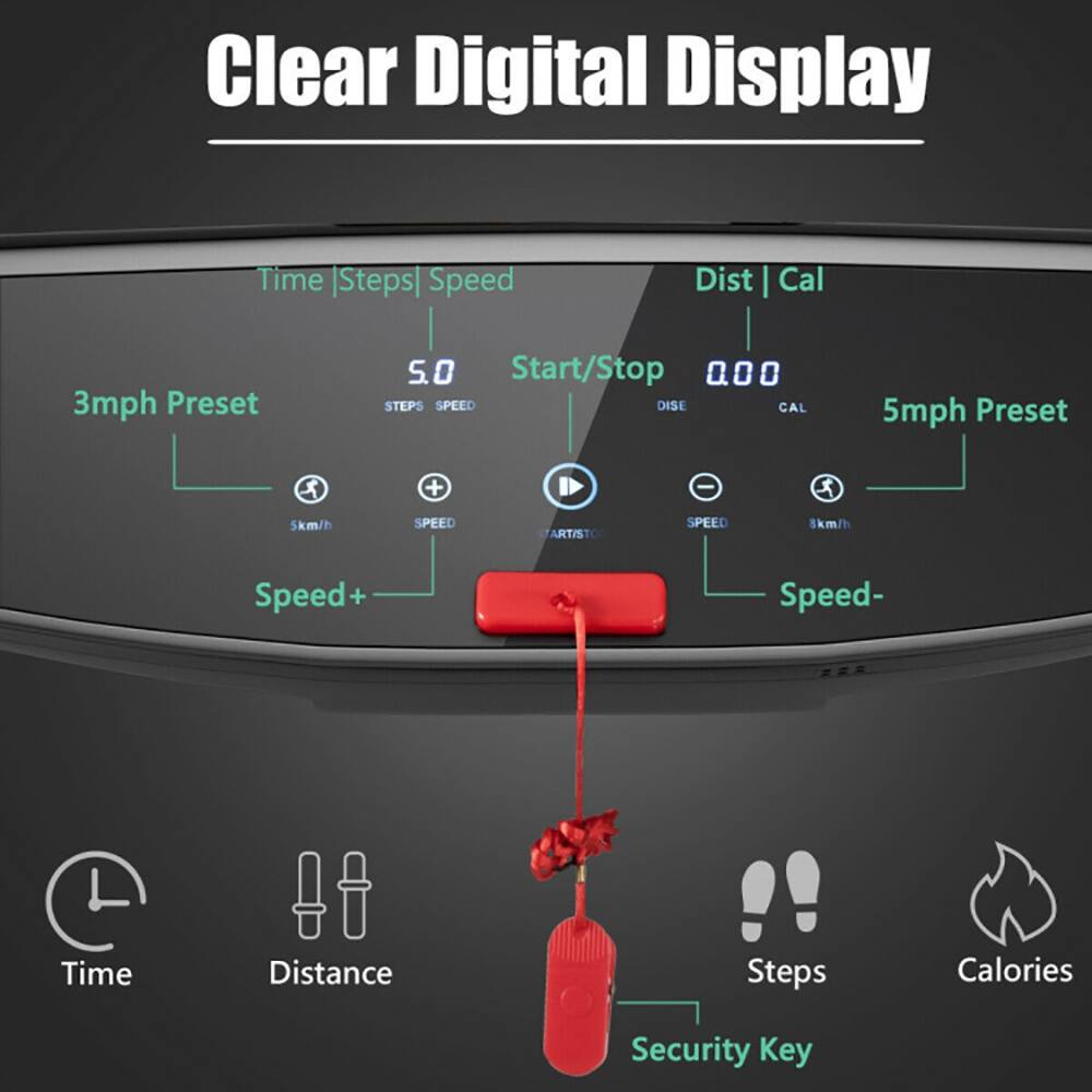 Clear Digital Display

- Time | Steps | Speed
- 3mph Preset
- 5.0 STEPS SPEED
- Start/Stop
- 0.00 DISE CAL
- 5mph Preset
- Speed+
- Speed-
- Dist | Cal
- 8km/h
- Time
- Distance
- Steps
- Calories
- Security Key
