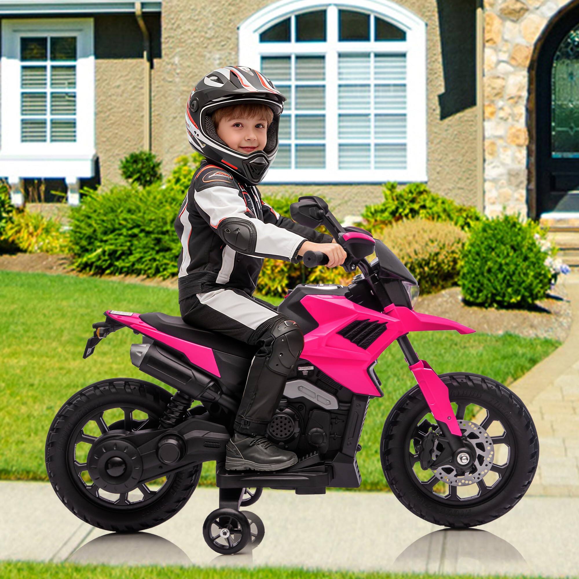 Angle. Acekool - 6v Electric Dirt Bike, Kids Ride on Motorcycle with Traning Wheels, 2-5mph Adjustabled Speed, Headlight & Music - Rose Red.