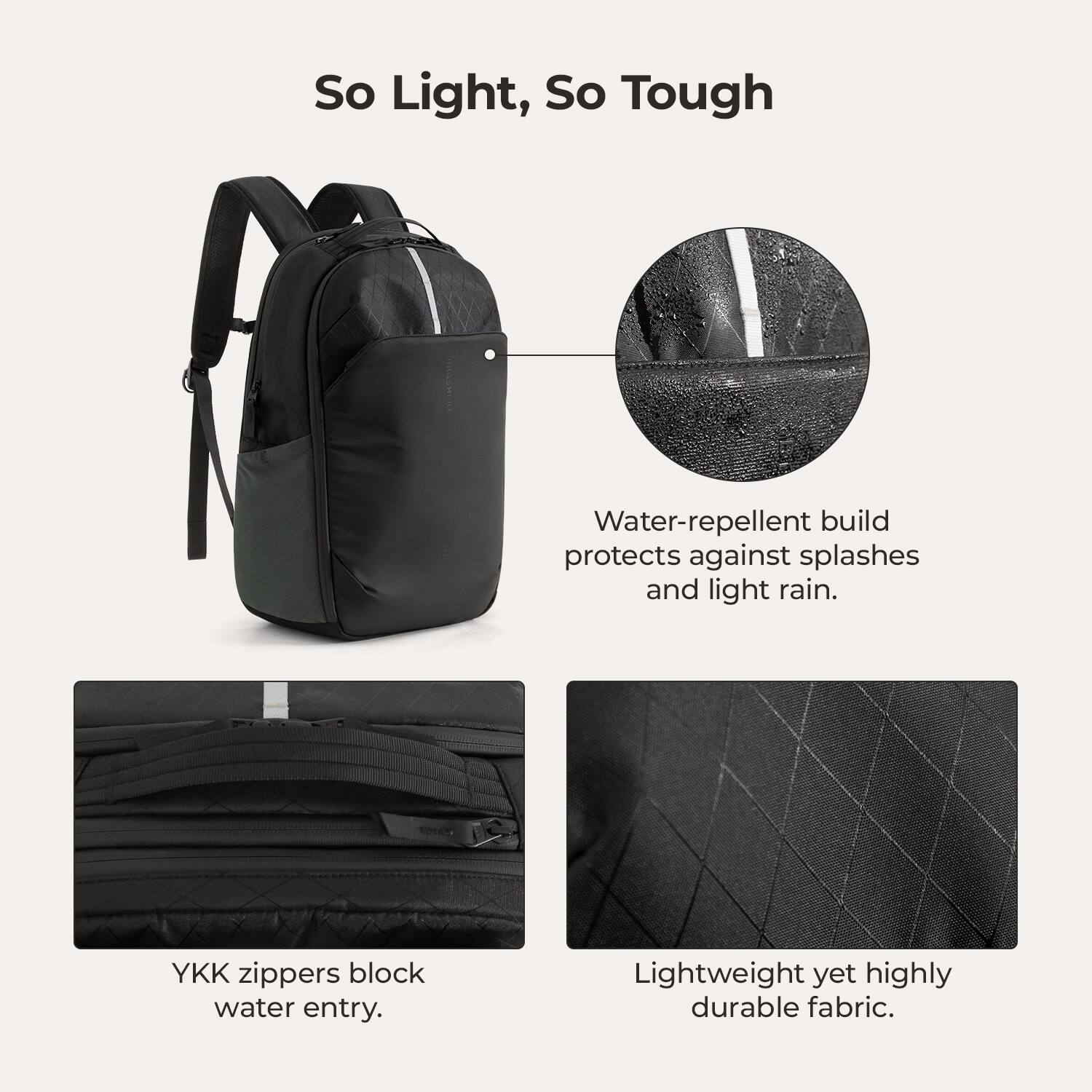So Light, So Tough

Water-repellent build protects against splashes and light rain.

YKK zippers block water entry.

Lightweight yet highly durable fabric.