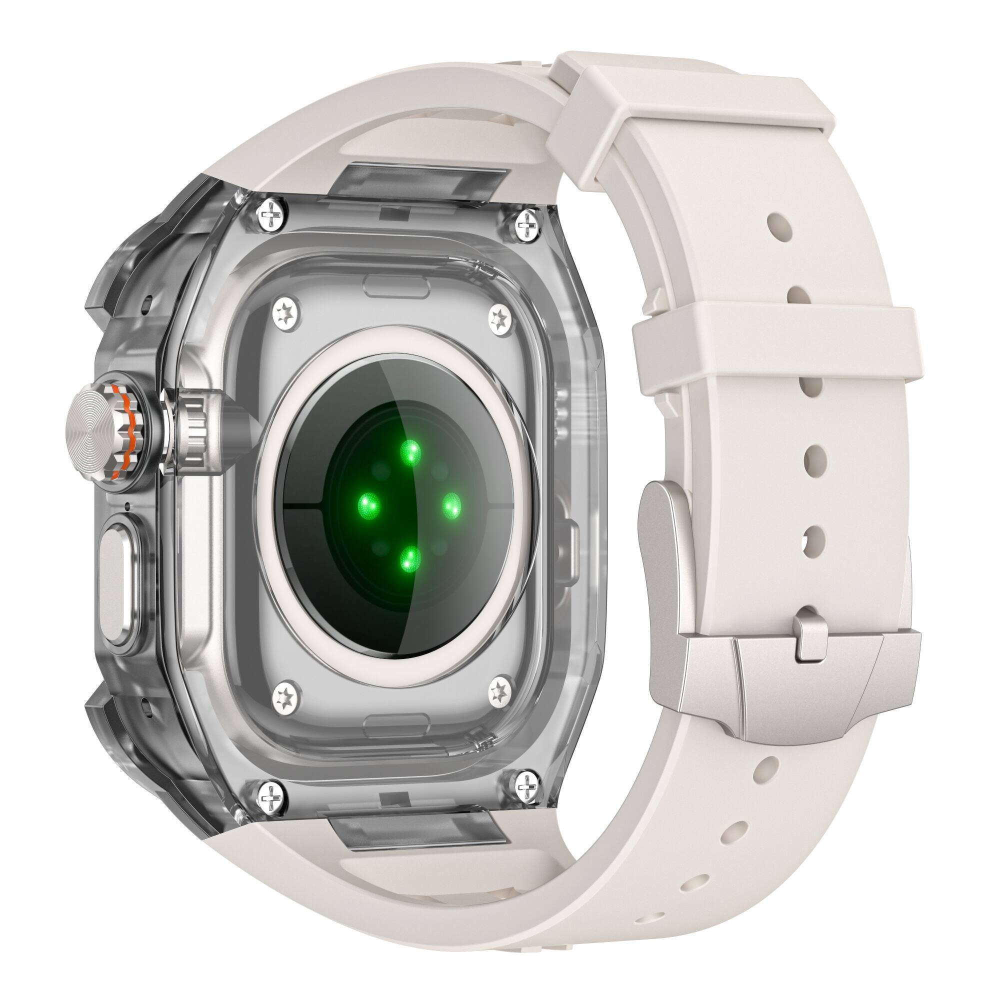 Left. Dteck - Shockproof Integrated Rubber Band+ Rugged Case For Apple Watch Ultra 3/Ultra2/Ultra 1 49mm Silicone Sport Band - Titaniumstarlight.