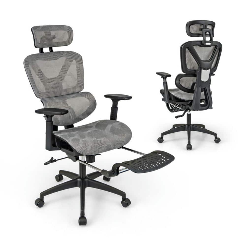 Kadyn - Mesh Office Chair with Tilting Backrest and Retractable Footrest- Home Office Computer Desk Chair - Gray