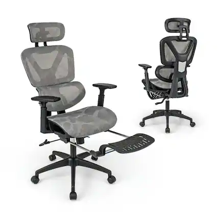 Front. Kadyn - Mesh Office Chair with Tilting Backrest and Retractable Footrest-Gray, Home Office Computer Desk Chair - Gray.