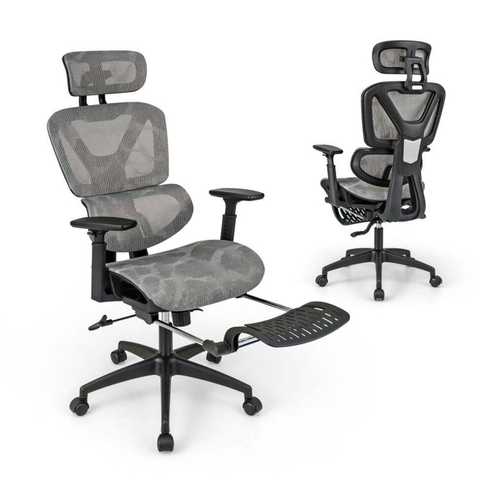 Front. Kadyn - Mesh Office Chair with Tilting Backrest and Retractable Footrest-Gray, Home Office Computer Desk Chair - Gray.
