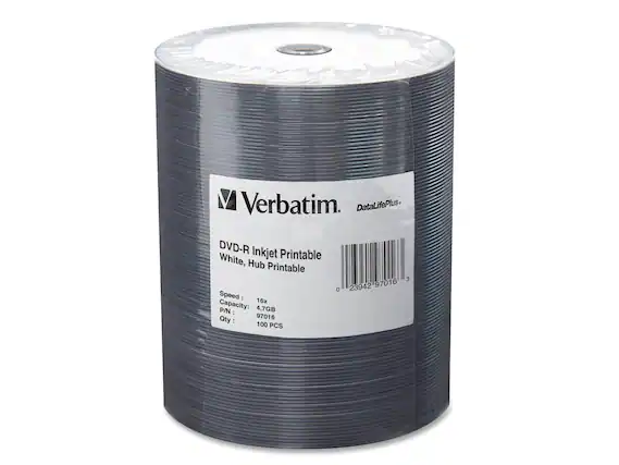 Verbatim. DataLifePlus. DVD-R Inkjet Printable White, Hub Printable
Speed: 16x
Capacity: 4.7GB
P/N: 97016
Qty: 100 PCS