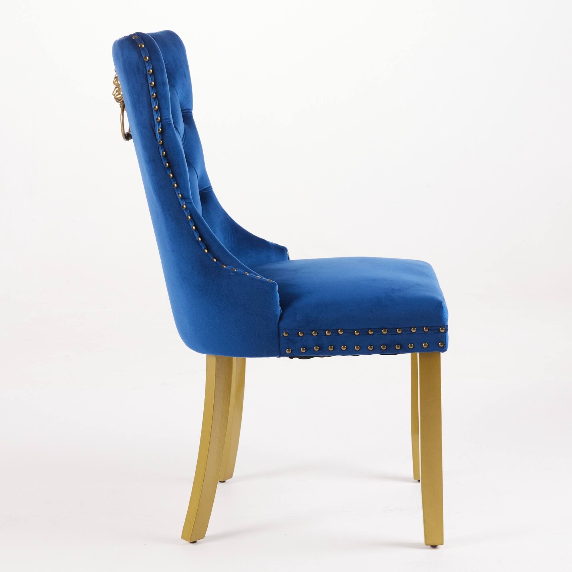 Alt View 1. GOODSILO - Modern Tufted Velvet Dining Chairs with Lion Head Pull Rings and Golden Wooden Legs, Set of 2 - Blue.